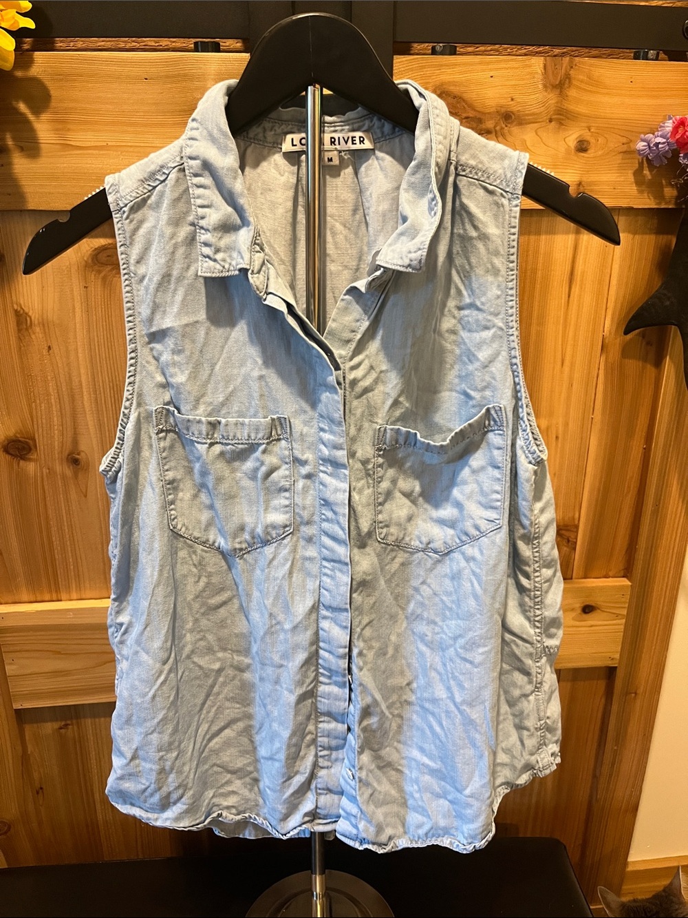 Lola River Light Blue Sleeveless Button-Down Chambray Shirt - 100% Tencel